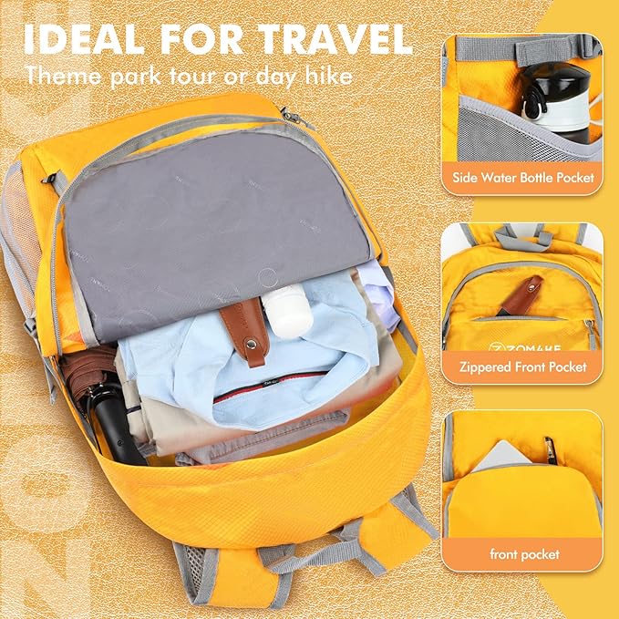 ZOMAKE Lightweight Packable Backpack 30L, Foldable Hiking Backpacks Water Resistant Compact Folding Daypack for Travel(Yellow)