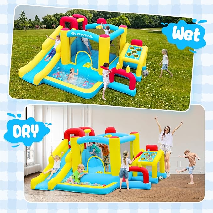 ELEMARA Inflatable Bounce House, 7 in 1 Kids Bounce House with Slide, Bouncy House with Blower, Jumping Area,Baseball/Soccer Area,Basketball Hoop,Climbing Wall, Jumping Castle for Indoor Outdoor