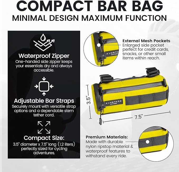 Compact Bar Bag – Sterling Electric Yellow | Hard-Shell Bike Handlebar Bag with Waterproof Zipper & Adjustable Straps | Lightweight Bicycle Handlebar Bag, Compatible with Road & MTB Bikes