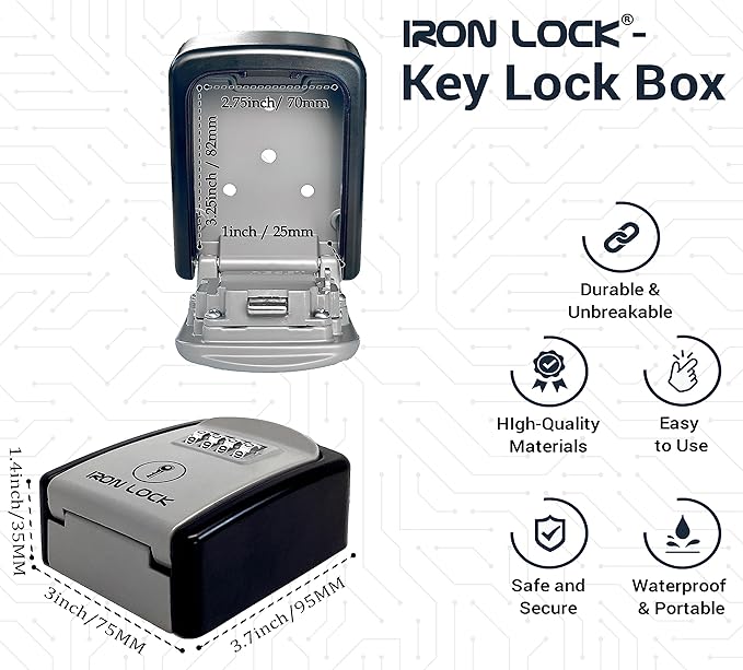 Iron Lock® Wall Mount Key Lock Box with 4-Digit Combination, Resettable Code, A B Switch, and 5-Key Capacity - Indoor/Outdoor Waterproof Lockbox for House Keys and Spare Keys (Small, Grey)