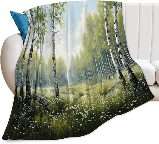 Forest Tree White Birch Landscape Throw Blanket for Women Men Girls Boys - Nature Scenery Decor Soft Warm Cozy Fleece for Couch Sofa Bed 60"x50"