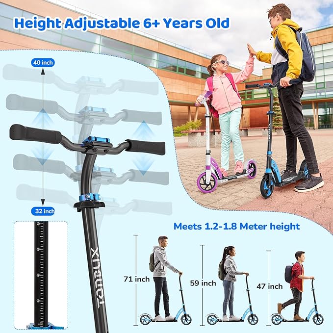 TONBUX Kick Scooter for Ages 6+, Dual Suspension Kids Scooter with Lightweight Aluminum Frame, Adjustable Handlebar Scooters for Kids, Teens and Adults