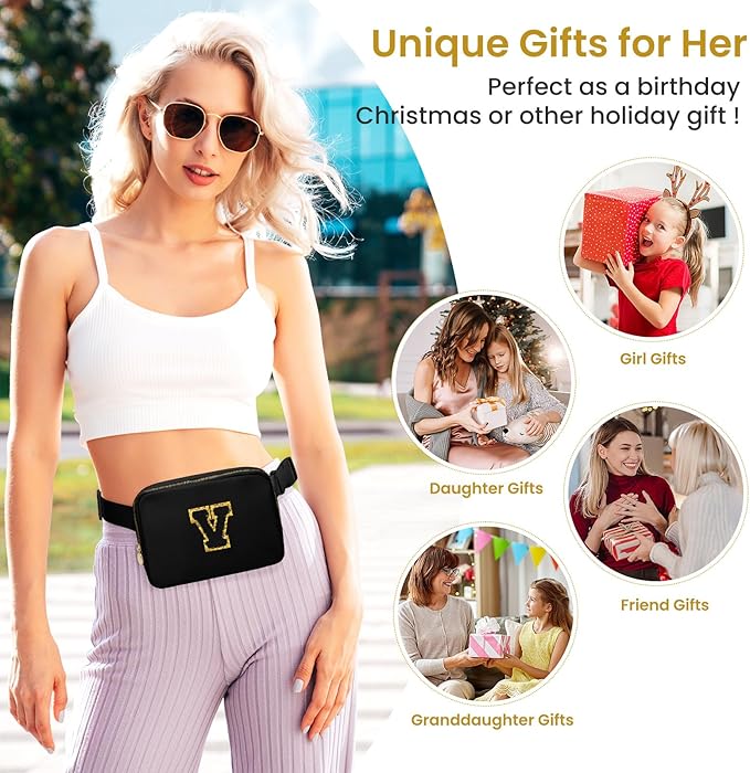 Birthday Gifts for 8 9 10 11 12 13 14 Year Old Girls, Personalized Crossbody Bags Fanny Pack with Initial Letter Patch, Mini Belt Bag for Teen Girls Cute Trendy Stuff Travel Essentials (Black,V)