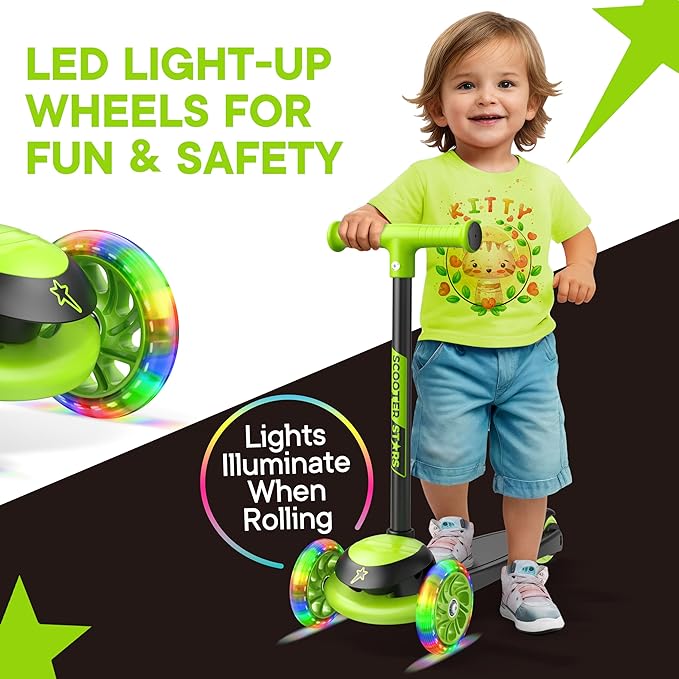 3 Wheel Scooter for Kids, Smooth Light Up LED Front Wheels, Wide Anti Slip Deck, Rear Foot Brake, Easy Lean to Steer Maneuvering, Indoor & Outdoor Ride On Toys for Ages 2 Up