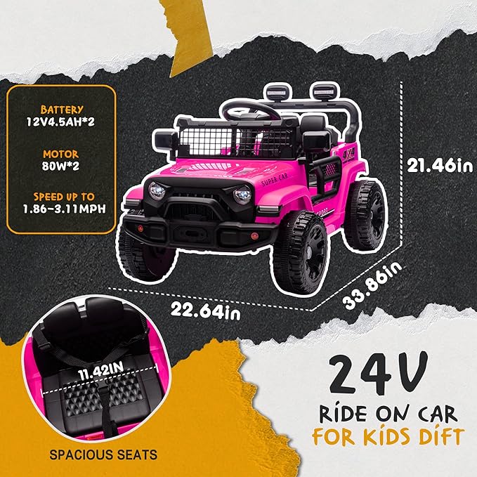24V Ride On Jeep Car, Toddler Ride On Toys w/Parents Remote Control, 200W Power Motor Electric Car for Kids 2-4 with 4-Wheel Suspension, Bluetooth, Music, 1.86-3.11MPH Adjustable Speed, Pink