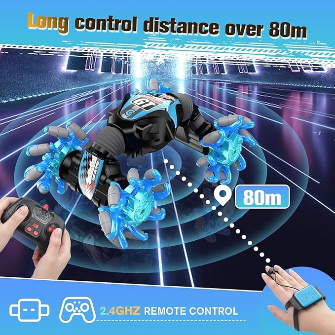 1:12 Gesture Sensing RC Stunt Car, 2-in-1 Hand Controlled Remote Control Twist Cars with Light & Music, 4WD 360° Rotate Transform Drift, Gifts for 6-8-12 Kids Age 6 7 8 9 10 11 12 Yrs Old‌(Blue)