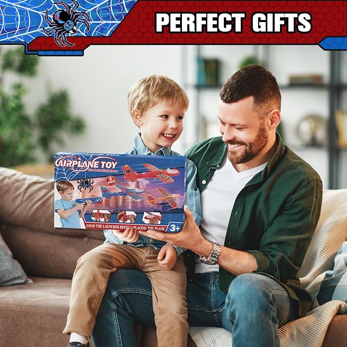 Fuwidvia 3 Pack Airplane Launcher Toys, 13.2'' Spider LED Foam Glider Catapult Plane Toy for Boys, 2 Flight Modes Outdoor Flying Toys Birthday Gifts for Boys Girls 4 5 6 7 8 9 10 11 12 Year Old