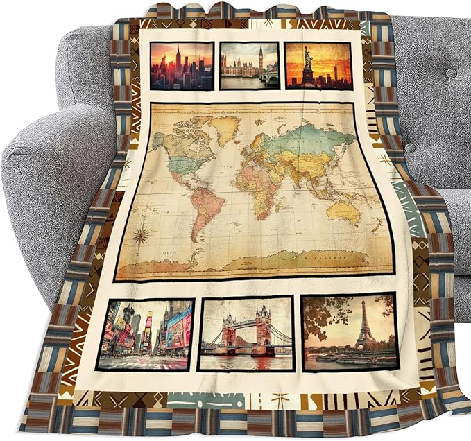 World Map Throw Blanket Ultra Soft Cityscape Flannel Blanket Lightweight Cozy Print Blankets Gift for Women and Men Couch Sofa Bed 80" x 60"