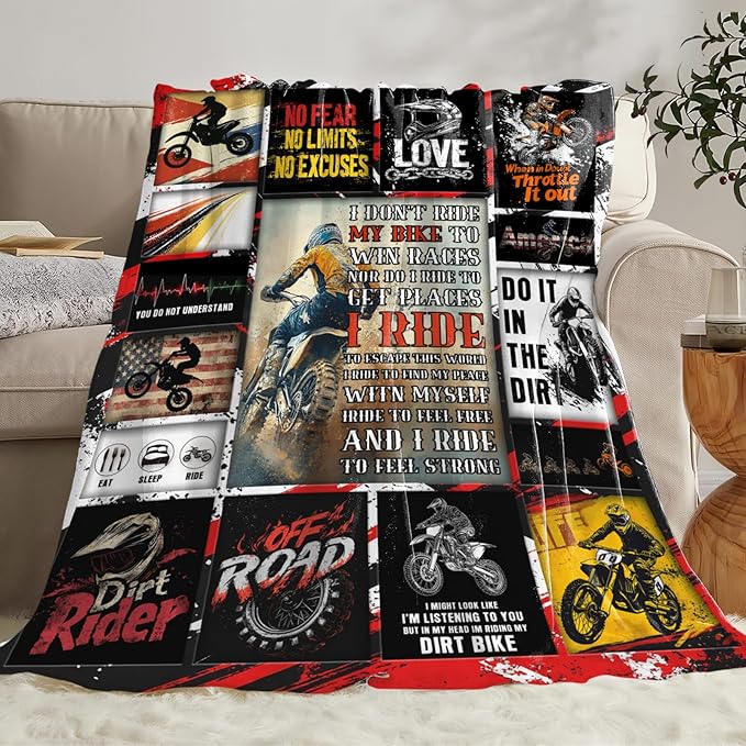 Motorcycle Blanket for Mens, Dirt Bike Flannel Throw Blanket, Fleece Soft Cozy Stuff Blankets Gift for Women Men Couch Sofa Bed 80" x 60"