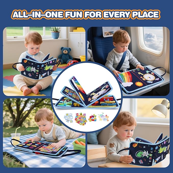 Toddler Busy Book, Montessori Busy Board, Activity Sensory Toys 2025 for Toddler Boys Christmas Birthday Gift, Educational Learning Quiet Book for Kids, Travel Toy for Airplane Car