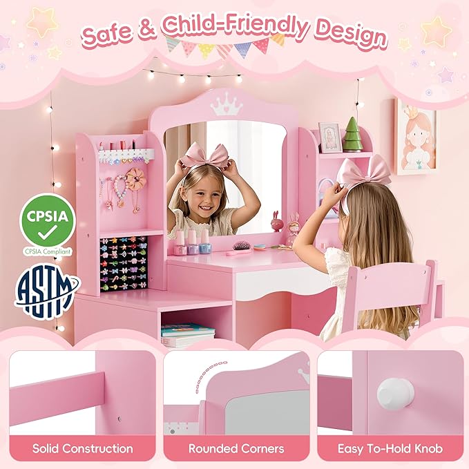 MU Kids Vanity, Girl Vanity Set with Mirror and Stool, 2 in 1 Toddler Makeup Vanity Table with Jewelry Storage, Wooden Princess Makeup Desk Dressing Table for Little Girls, (Pink)