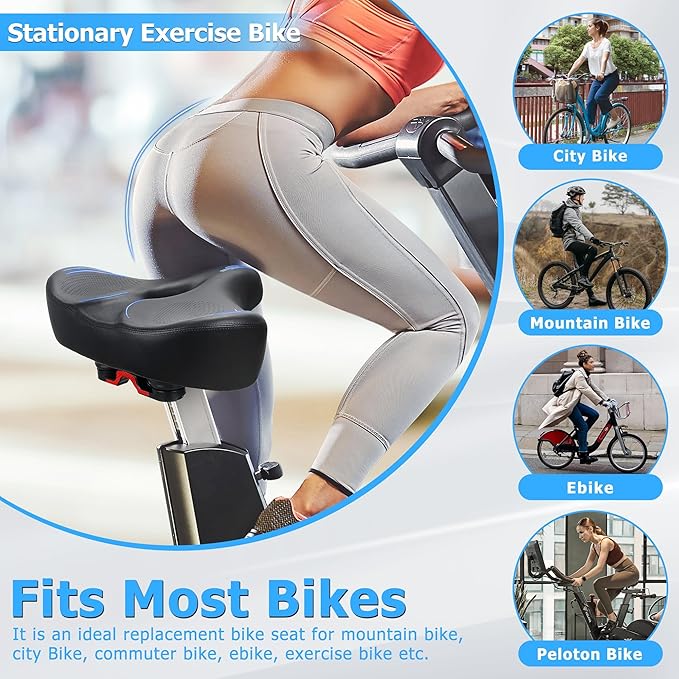 Oversized Bike Seat for Men & Women Comfort, Extra Wide Bicycle Seat Cushion, Comfortable Wing Padded, Large Replacement Saddle for Peloton, Stationary Exercise Bike, Ebike, Cruiser, City Bike