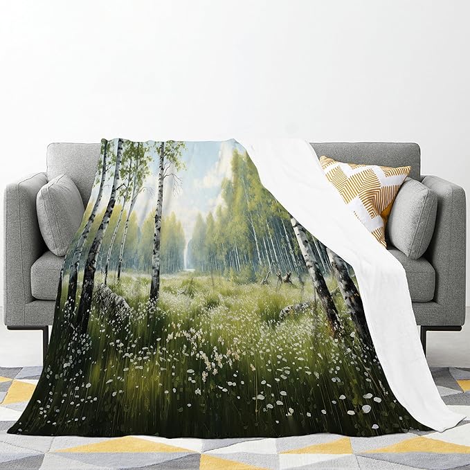 Forest White Birch Landscape Throw Blanket for Women, Men, Girls, Boys - Soft, Warm, Cozy Fleece Blanket for Couch, Sofa, Bed - 80"x60"