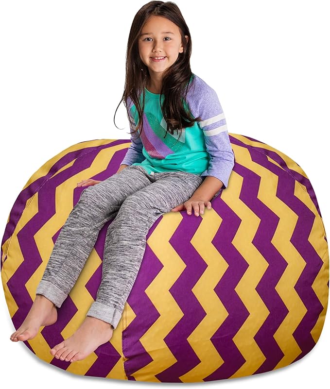 Posh Creations Stuffable Kids Stuffed Animal Storage Bean Bag Chair Cover - Childrens Toy Organizer, X-Large 48" - Pattern Chevron Purple and Yellow