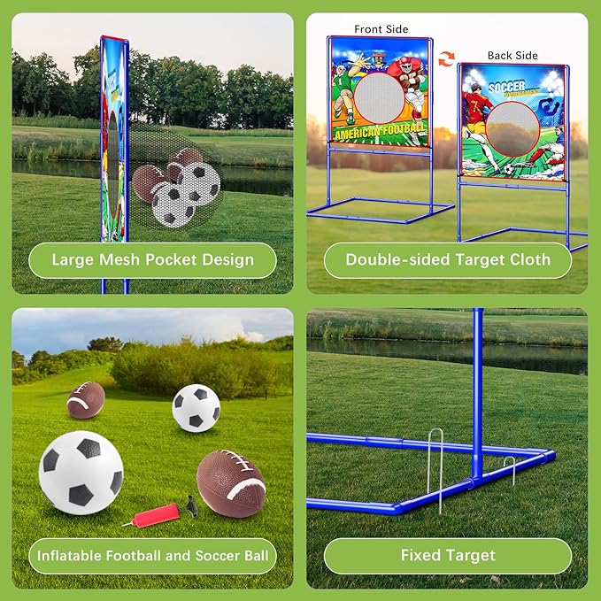 VATOS 2 in 1 Football Toss Target Games and Soccer Toy for Kids, Throwing Target Double-Sided Goal with 2 Inflatable Footballs & 2 Soccer Balls, Indoor Outdoor Back to School Activity Toy Gift