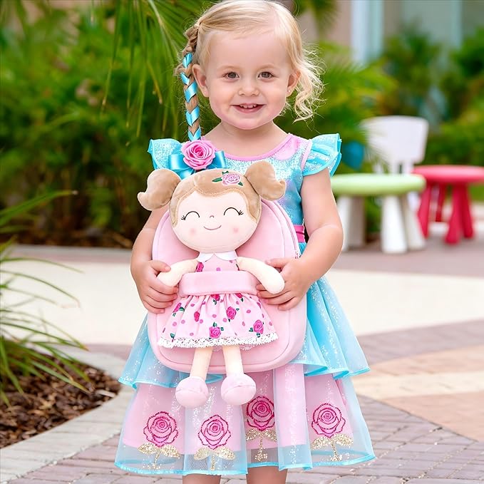 Gloveleya Toddler Backpack Baby Girl Gift Plush Bag Diaper Bag Plush Printed Flower Roses Backpack