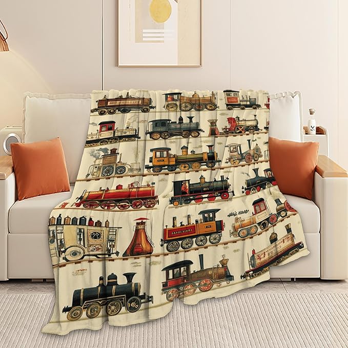 Train Blanket, Steam Train Blanket, Vintage Car Gifts Blankets Stuff Fleece Flannel Plush for Boys Men Women Girls Lovers Adults Soft Bedding Gift for Sofa Bed Office Home Decor 80"x60"