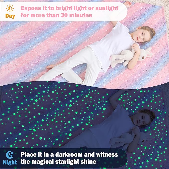 Softan Kids Stars Throw Blanket Glow in The Dark, Kids Blanket Gifts for Girls & Boys, Soft Cozy Flannel Luminous Stars Blanket for Sofa Couch Bed, Christmas Birthday Gift Toddler, 50x60IN