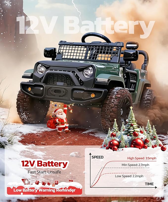 ELEMARA Ride On Car, Bluetooth Ride on Toys for Toddlers, 12V Kids Battery Powered Vehicles w/Remote, 3.5 mph Motorized Off-Road Truck, Electric Car for Kids w/3 Speeds,LED Lights- Olive