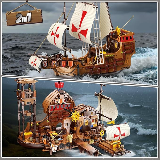 HiWEEGO Santa Maria Ship Building Set with LED Lights, 2 in 1 Pirate Ship House Wharf Building Block Kit, 1253 PCS Adventure Merchant Ship Model Building Toy Gift for Adults Teens Boys Girls Ages 12+