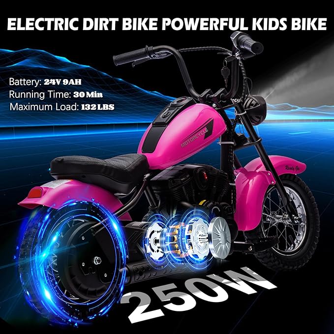 24V Kids Electric Motorcycle, 250W Electric Dirt Bike for Kids, Ride on Motorcycle Speed up to 14MPH, Retro Motocross with LED Lights, Pink