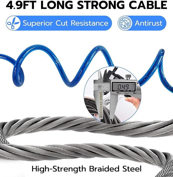 Fingerprint Cable Lock, Anweller 4.9FT Long Heavy Duty Anti Theft Bike Lock, Weatherproof Keyless Digital Electronic Biometric Bluetooth Smart Lock for Bicycle Scooter Lawnmower Skateboard - Blue