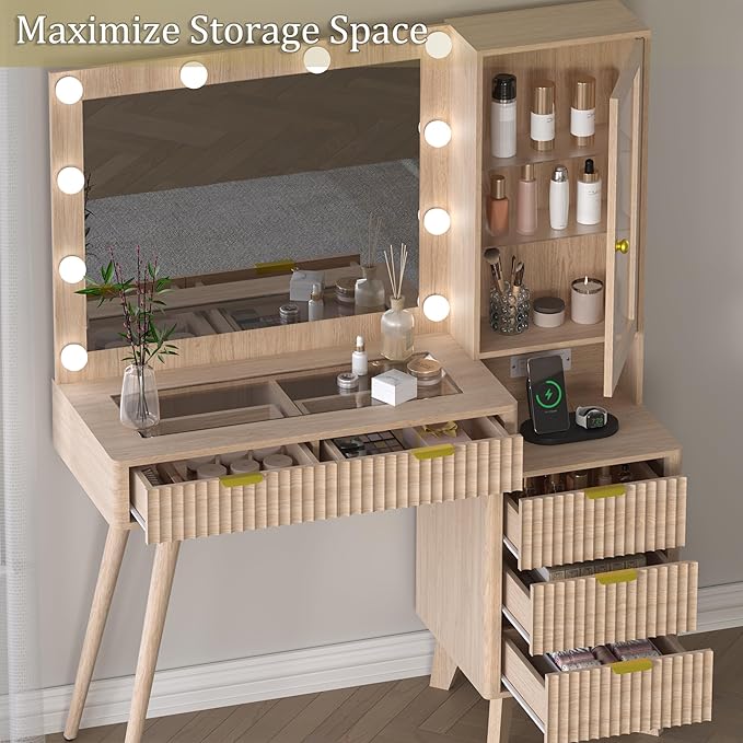 45” Fluted Makeup Vanity Desk with Mirror and Lights, Glass Top Dressing Table with 5 Drawers, LED Lighted Adjustable Cabinet, Trays & Charging Station for Bedroom Dressing Room