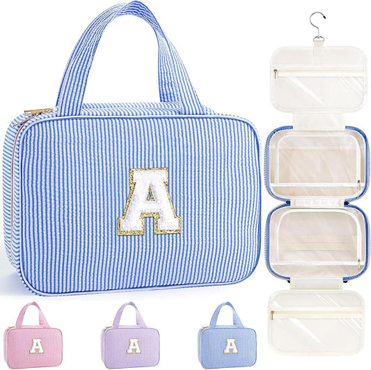 TOPEAST Christmas Gifts for Women Teen Girls Kids - Travel Hanging Toiletry Bag & Makeup Bag, Personalized Initial Toiletry Pouch, Birthday Gifts for Women Teen Girls, Cruise Essentials, Blue A