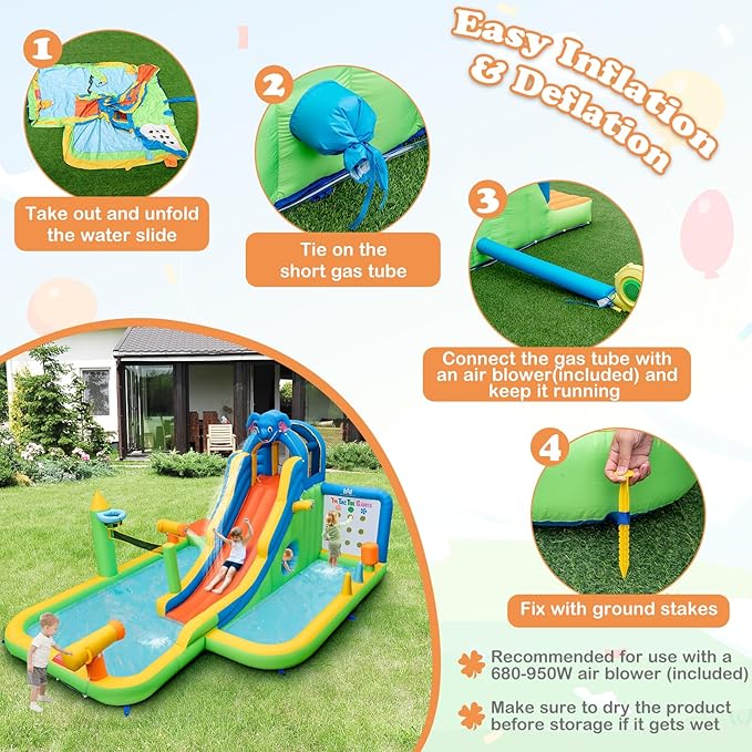 BOUNTECH Inflatable Water Slide, Elephant Surfing Slide Kids Water Park Jump Bouncy Castle w/Blower, 2 Splash Pools, Hide&Seek Cave, Outdoor Water Slides Inflatables for Big Kids Backyard Party Gifts