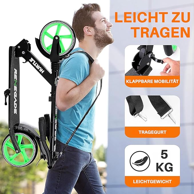 Hurtle Renegade Kick Scooter for Kids, Teenagers & Adults - 2-Wheel Folding Scooter with Adjustable T-Bar Handlebar - Alloy Anti-Slip Deck