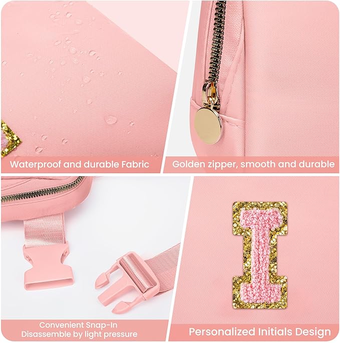 Belt Bag Fanny Pack Crossbody Bags with Initials Letter Patch，Gift Idea for Tween Daughter Granddaughter Niece Her，Cute Stuff Birthday Gifts for Teenager Girls Trendy Stuff for Teens (Pink, I)