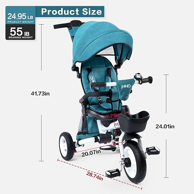 JMMD Baby Tricycle, 7-in-1 Folding Kids Trike with Adjustable Parent Handle, Safety Harness & Wheel Brakes, Removable Canopy, Storage, Stroller Bike Gift for Toddlers 18 Months - 5 Years, Green
