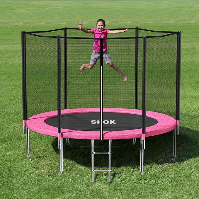 SKOK Trampoline 8FT 10FT 12FT 14FT 15FT Trampolines with Enclosure Net, 400LBS Outdoor Trampolines for Kids with Basketball Hoop-ASTM Approved Trampoline for Children and Adults with Ladder