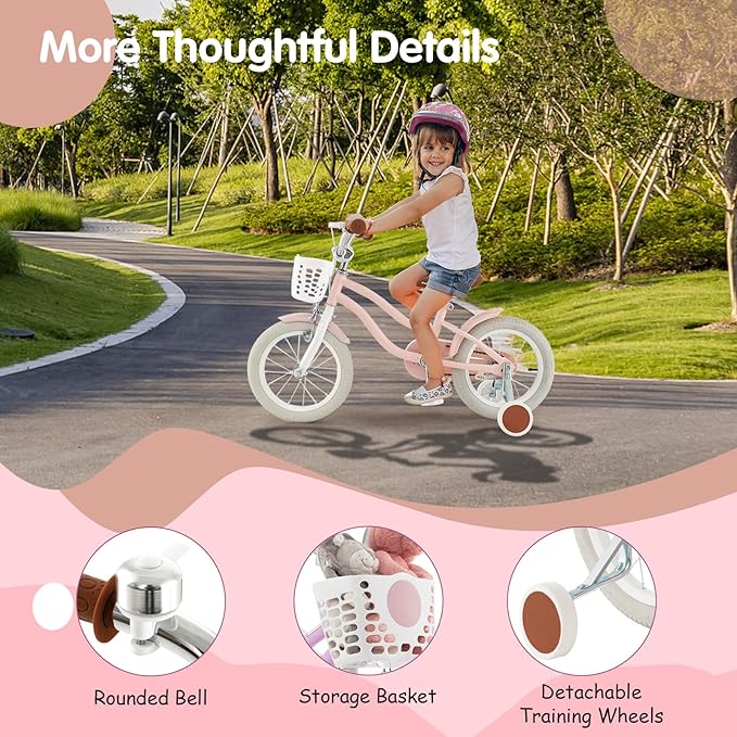 HONEY JOY Kids Bike, 12 14 16 18 20 Inch Toddler Bikes w/Training Wheels, Handbrake & Coaster Brake, Fully Enclosed Chain, Adjustable Handlebar & Seat, Kids Bicycle w/Basket, Girls Boys Bike 3-8