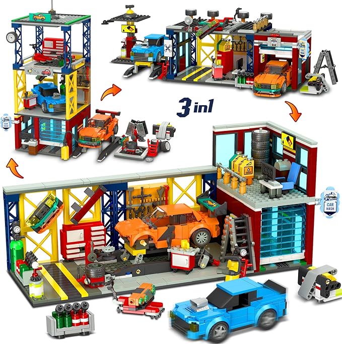 HOGOKIDS City Car Garage Building Set, 1022 PCS 3 in 1 Auto Repair Shop, Gas Station, Car Wash Building Block with 2 Custom Cars Pretend Play Mechanic Toy Birthday Gift for 10+ Kids Boys Teens Girls