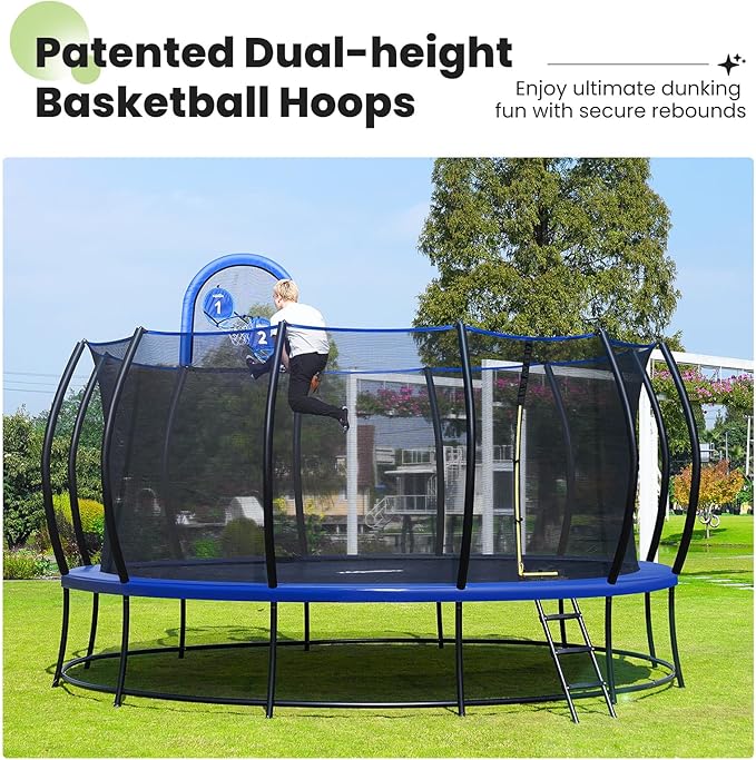 Zupapa No-Gap Design 16 15 14 12 10FT Trampoline with Safety Enclosure Net and Non-Slip Ladder 10-Year Quality Assurance Perfect for Kids Family Outdoor Backyard Fun