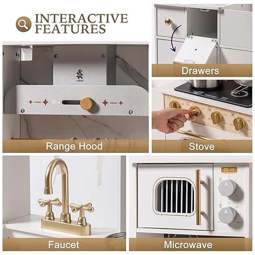 ROBOTIME Pretend Play Kitchen for Kids, Wooden Toy Kitchen with Ice Maker, Coffee Machine, Oven & Accessories – Fun Kitchen Set for Girls & Boys Age 3+