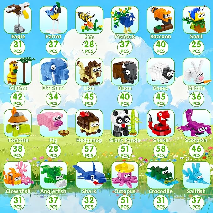 24 Packs Party Favors for Kids 4-8 8-12, 961 PCS Mini Animal Building Blocks Blind Bags for Birthday Goodie Bags, Treasure Box Toys for Classroom, Pinata Stuffers