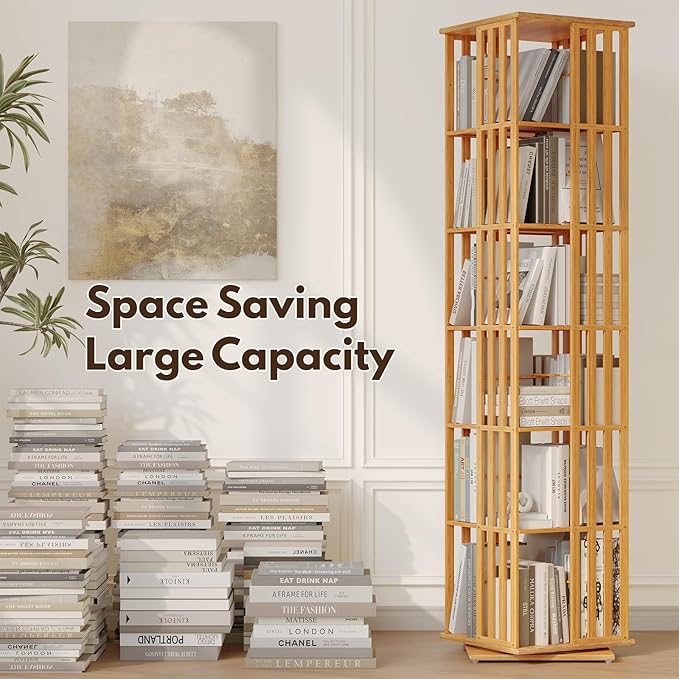 YOWOS Rotating Bookshelf Tower, 360 Display Spinning Bookcase, Bamboo Bookshelf Floor Standing Storage Rack, Wood Narrow Book Shelf Organizer for Kids&Adults(Nature, 6 Tier)