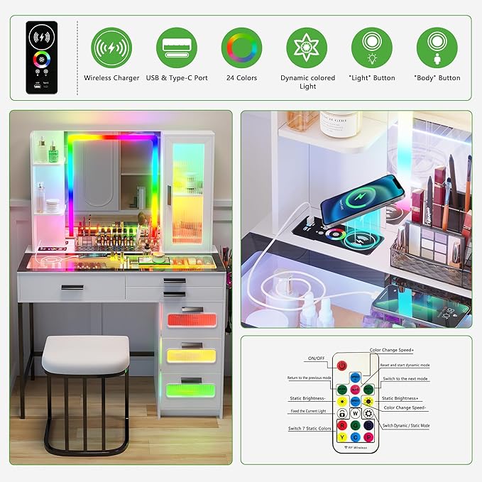 HENBC Vanity with Mirror and LED Lights, Glass Top Vanity Desk with Charging Station(Wireless+USB+Type-C), RGB Makeup Table Set with Stool/Makeup Organizer/6 Drawers (White)