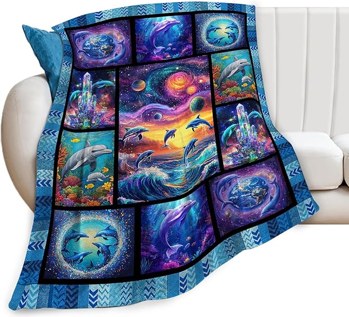 Dolphin Blanket, Ocean Dolphin Throw Blanket, Blue Sea Gifts Blankets Stuff Fleece Flannel Plush for Women Men Boys Girls Lovers Adults Soft Bedding Gift for Sofa Bed Office Home Decor 80"x60"