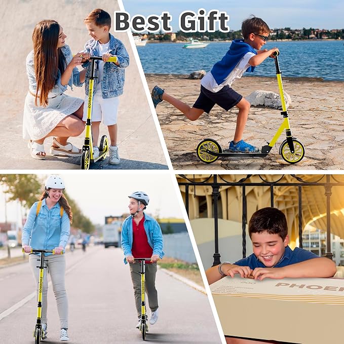 PHOEROS Kick Scooter for Kids Ages 6-12,Teens & Adults, Youth. Lightweight Aluminum Kick Scooter for Teens Adults Boys Girls with 8 inch Big Wheels, Foldable, 3 Height Adjustable, Shock Absorption.