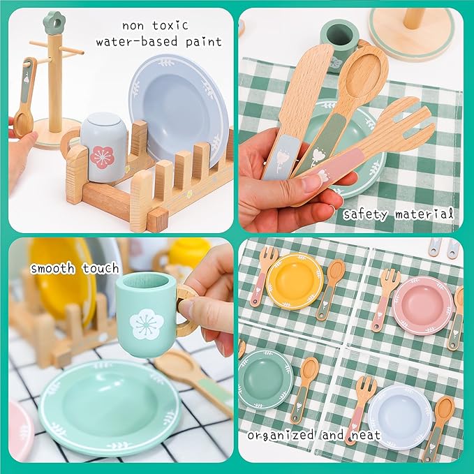 Wooden Play Kitchen Accessories Set with Detachable Dish Rack and Utensil Holder - Complete Set for Toddlers 3-5, Includes Plates and Cups, Colorful Cutlery for Pretend Play, Ideal Gift