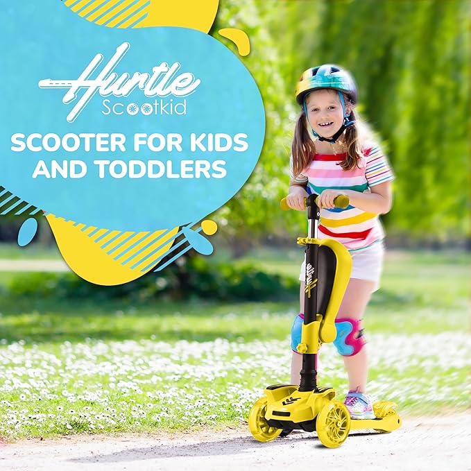 Hurtle 3-Wheeled Scooter for Kids - Wheel LED Lights, Adjustable Lean-to-Steer Handlebar, and Foldable Seat - Sit or Stand Ride with Brake for Boys and Girls Ages 1-14 Years Old