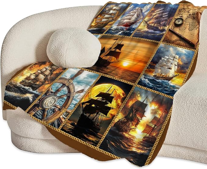 Nautical Throw Blanket Ultra Soft Cozy Navigation Sailboat Blanket Fleece Fuzzy Plush Nautical Lovers Decor Gifts for Women Girls Adults Couch Sofa 60"x50"