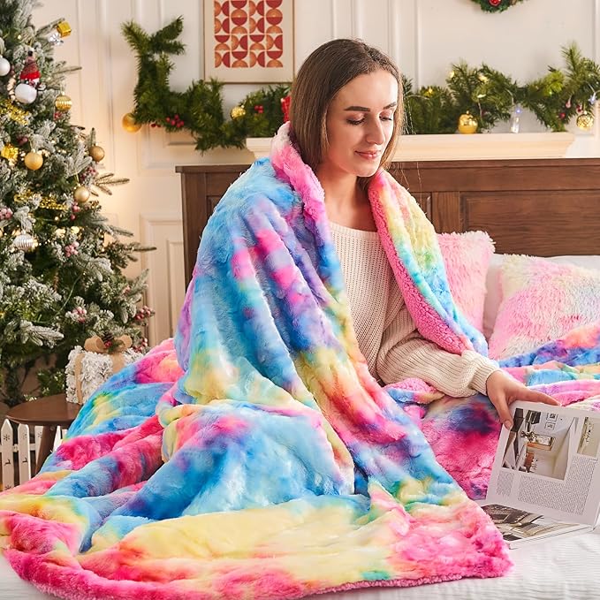 NEWCOSPLAY Super Soft Faux Fur Blanket Twin Size Dark Rainbow Sherpa Fuzzy Plush Warm Blanket for Sofa Bed (Dark Rainbow, Twin(60"x80"))