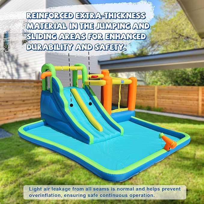 Action Air Water Slide, 7-in-1 Inflatable Bounce House with Large Pool, Extra Bouncing Area with Basketball Hoop, Large Bouncy Area 64x62 inch, Double Slide with Water Spray for More Fun