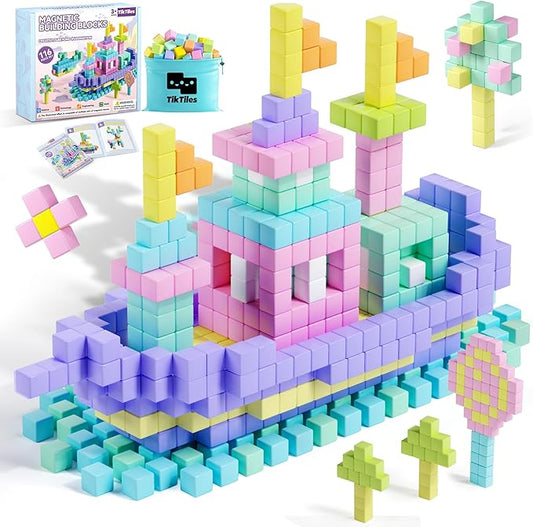 116PCS Magnetic Blocks with Magnet Eyes Toy, Magnetic Building Blocks with Storage Bag for Kids Gifts, STEM Preschool Sensory Magnetic Cubes for Toodlers Boys Girls Ages 3 4 5 6 7 8, Macaron Color