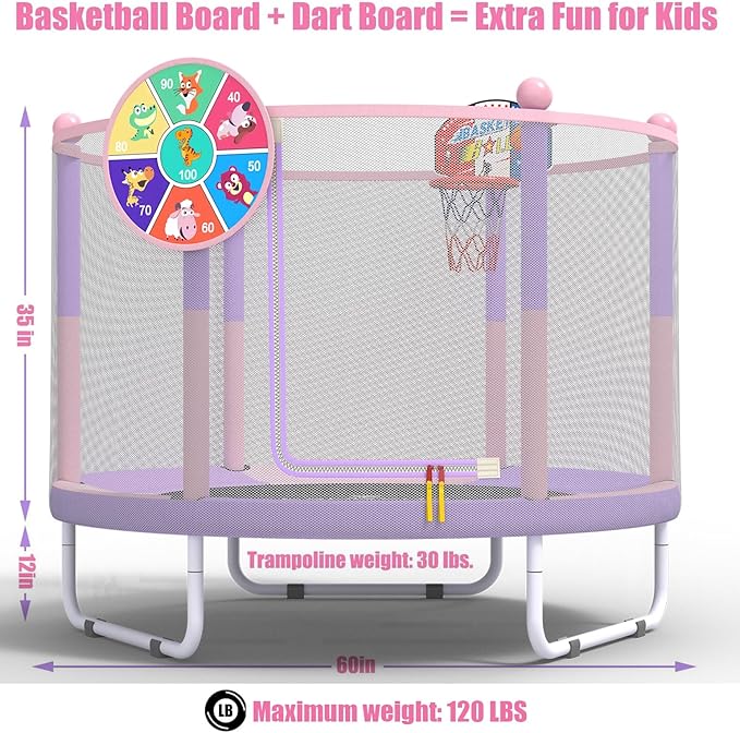 LANGXUN 60" Trampoline for Kids, 5ft Toddler Mini 6-in-1 Trampoline Indoor Outdoor with Swing, Basketball Hoop, Dart Board, Gymnastics Bar, Rings, Christmas Toys Birthday Gifts for Girls Boys Age 3-8