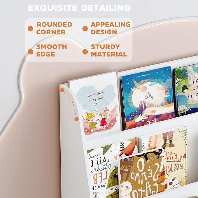 4 Tier Kids Bookshelf and Toy Storage Organizer, Child-Friendly Height & Stable Triangle Design, Toddler Book Shelf for Kids Room, Playroom, Bedroom, Classroom, Nursery, School, White